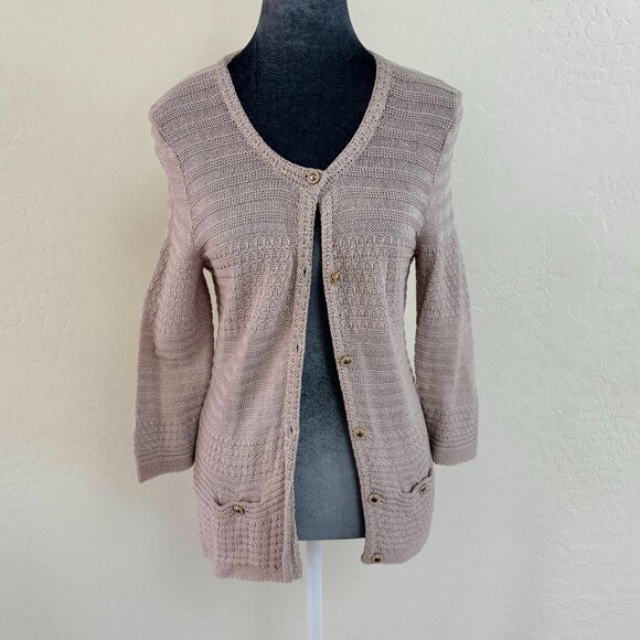 Trina Turk Taupe Knit Button-Up Cardigan Sweater With Pockets - Size S - Picture 1 of 10